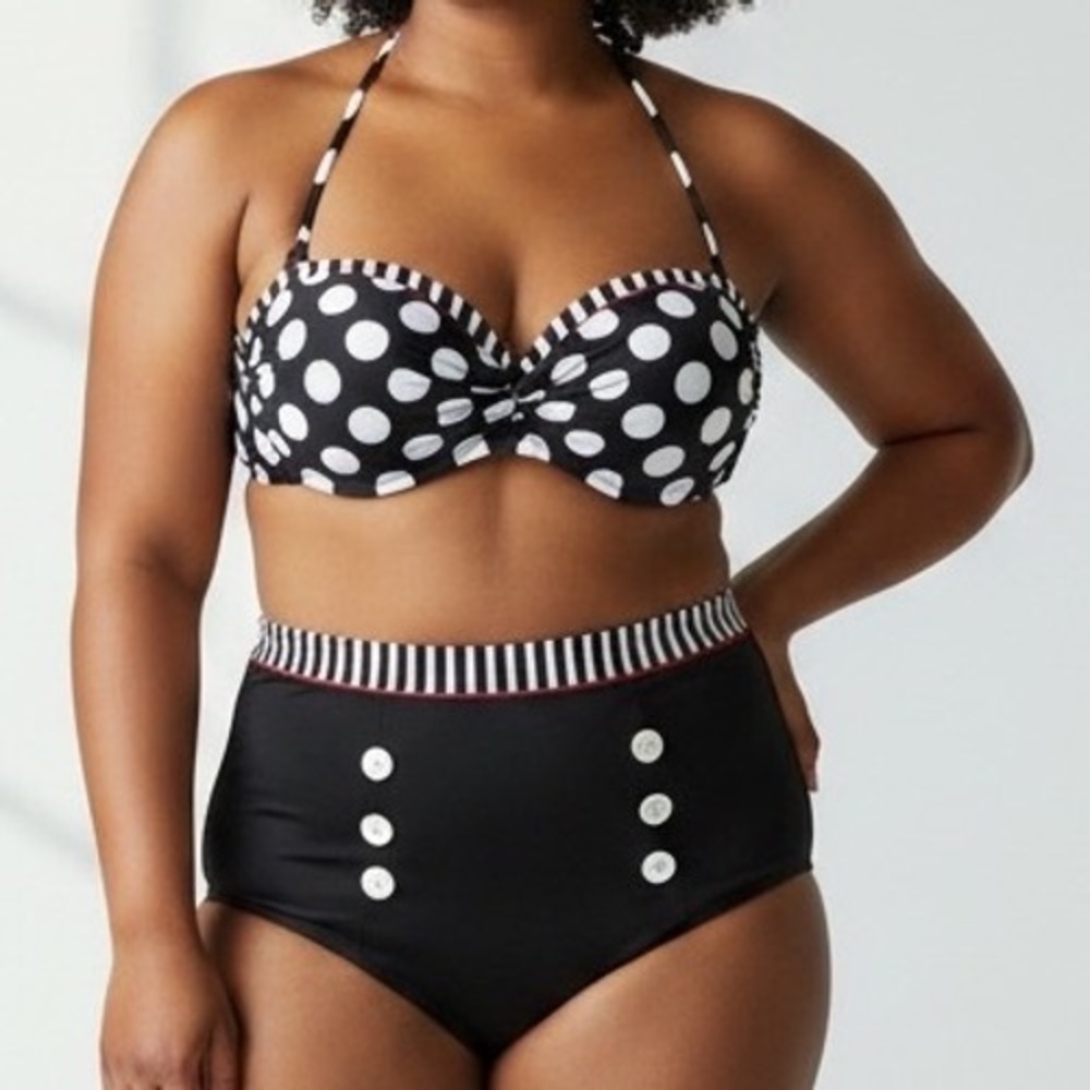 Pinup High Waisted Polka Dot Bikini Set Black White Sailor‎ XL rockabilly retro